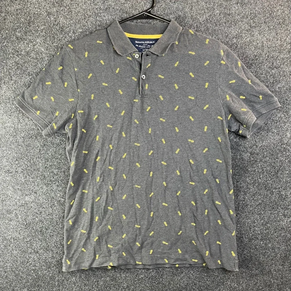 Banana Republic Mens Pineapple Print Polo Shirt Dark Charcoal Grey Yellow Medium